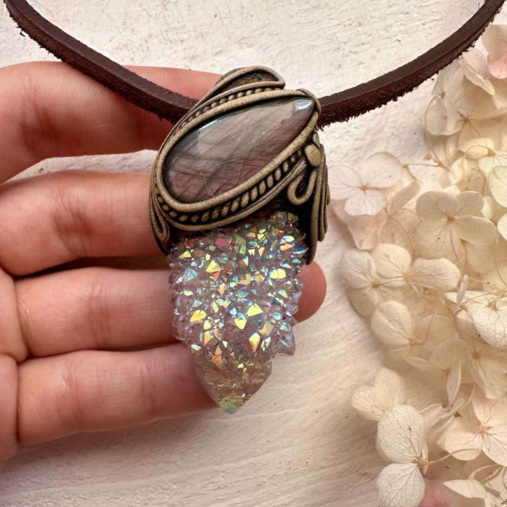 Angel Aura Spirit Quartz and Pink Labradorite Necklace - FairyGardenGlow