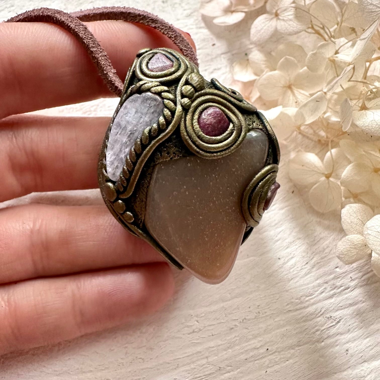 Sunstone Kunzite and Ruby Necklace - FairyGardenGlow