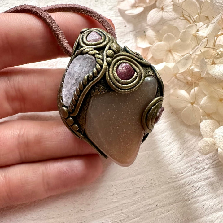 Sunstone Kunzite and Ruby Necklace - FairyGardenGlow