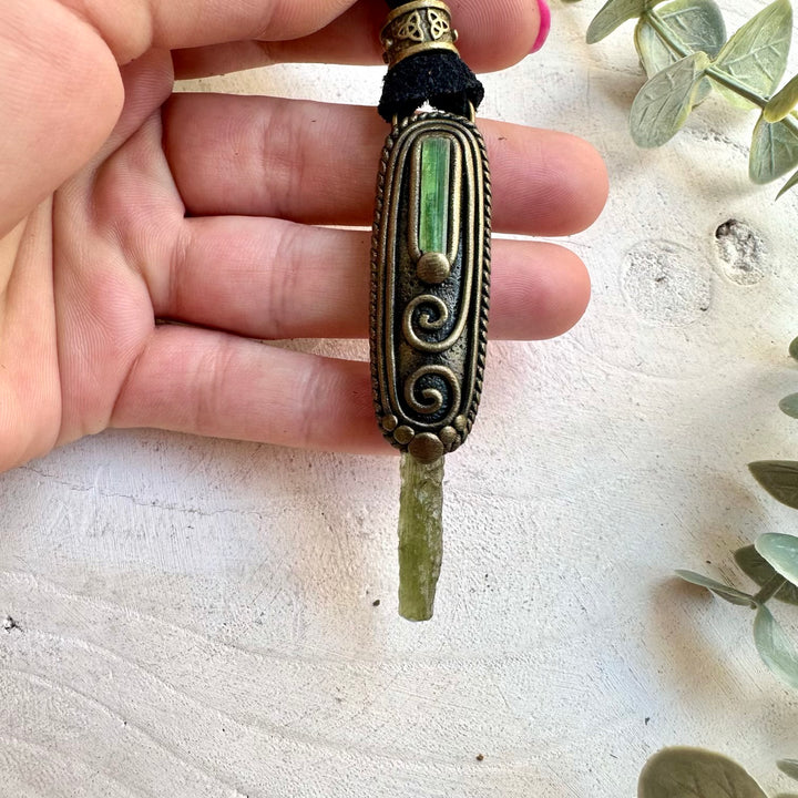 Handmade spiritual necklace with Moldavite and green healing stone