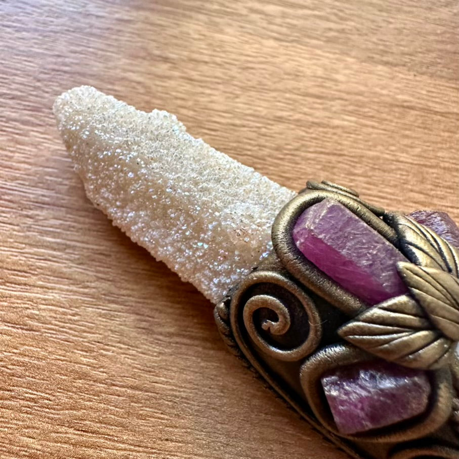 Lavender Fluorite Wand, Rainbow Moonstone, Ruby and Angel Aura Spirit Quartz Crystal Wand - FairyGardenGlow