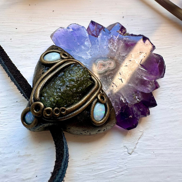 Amethyst Stalactite Moldavite and Australian Opal Necklace - FairyGardenGlow