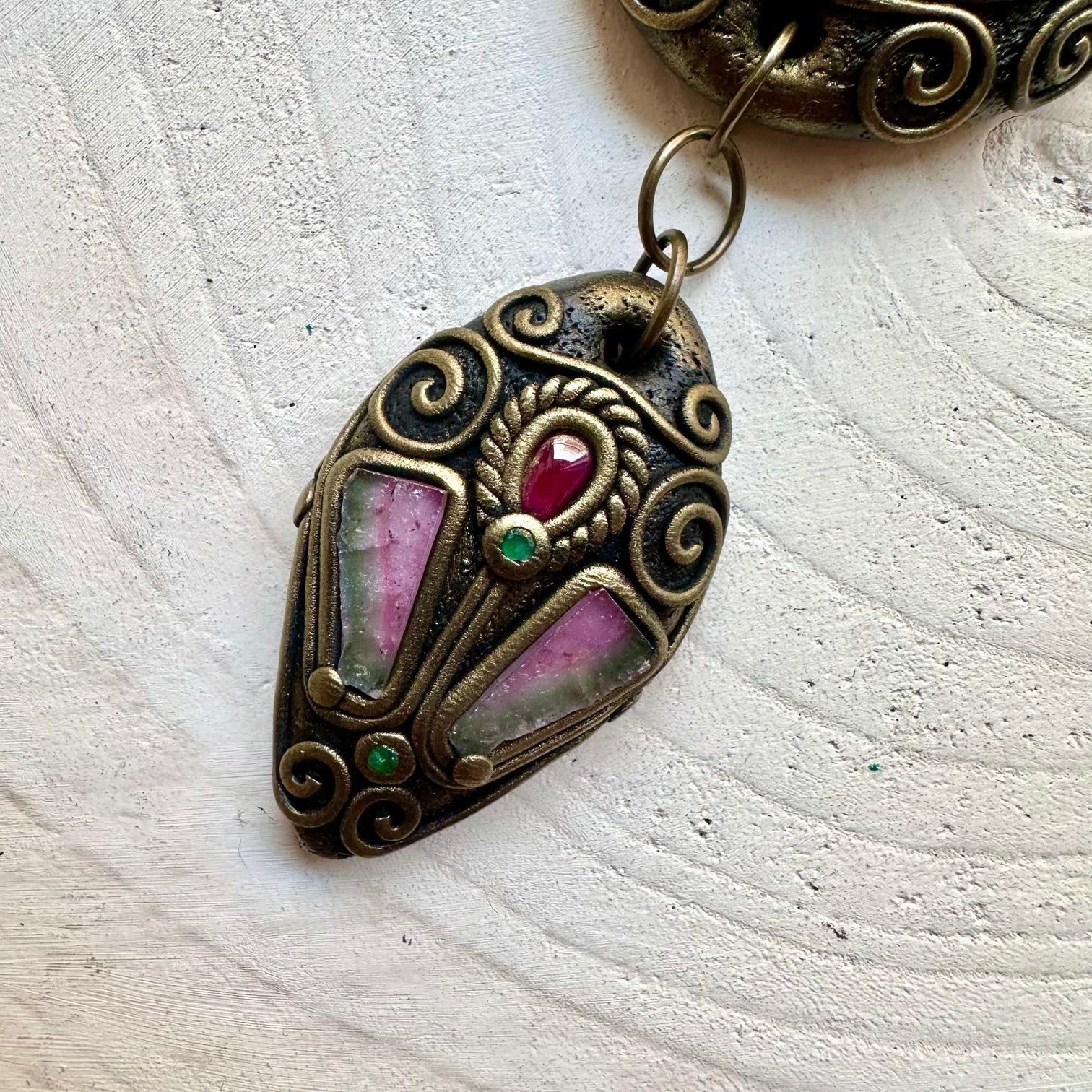 Unique artisan pendant crafted with Labradorite, emerlad and a beautiful pair of Watermelon Tourmaline.