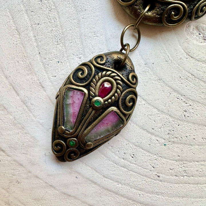 Unique artisan pendant crafted with Labradorite, emerlad and a beautiful pair of Watermelon Tourmaline.