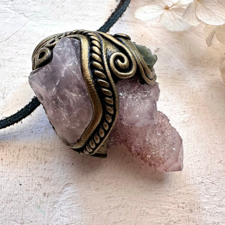 Spirit Quartz Raw Rose Quartz and Moldavite Pendant, Raw Crystal Necklace - FairyGardenGlow