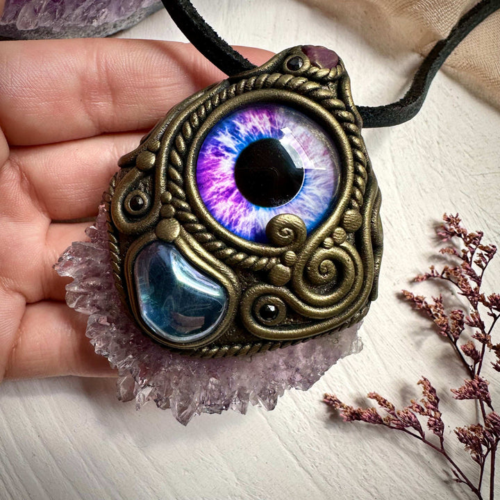 Amethyst Stalactite Aqua Aura Quartz Ruby and Blue Sapphire Eye Necklace - FairyGardenGlow