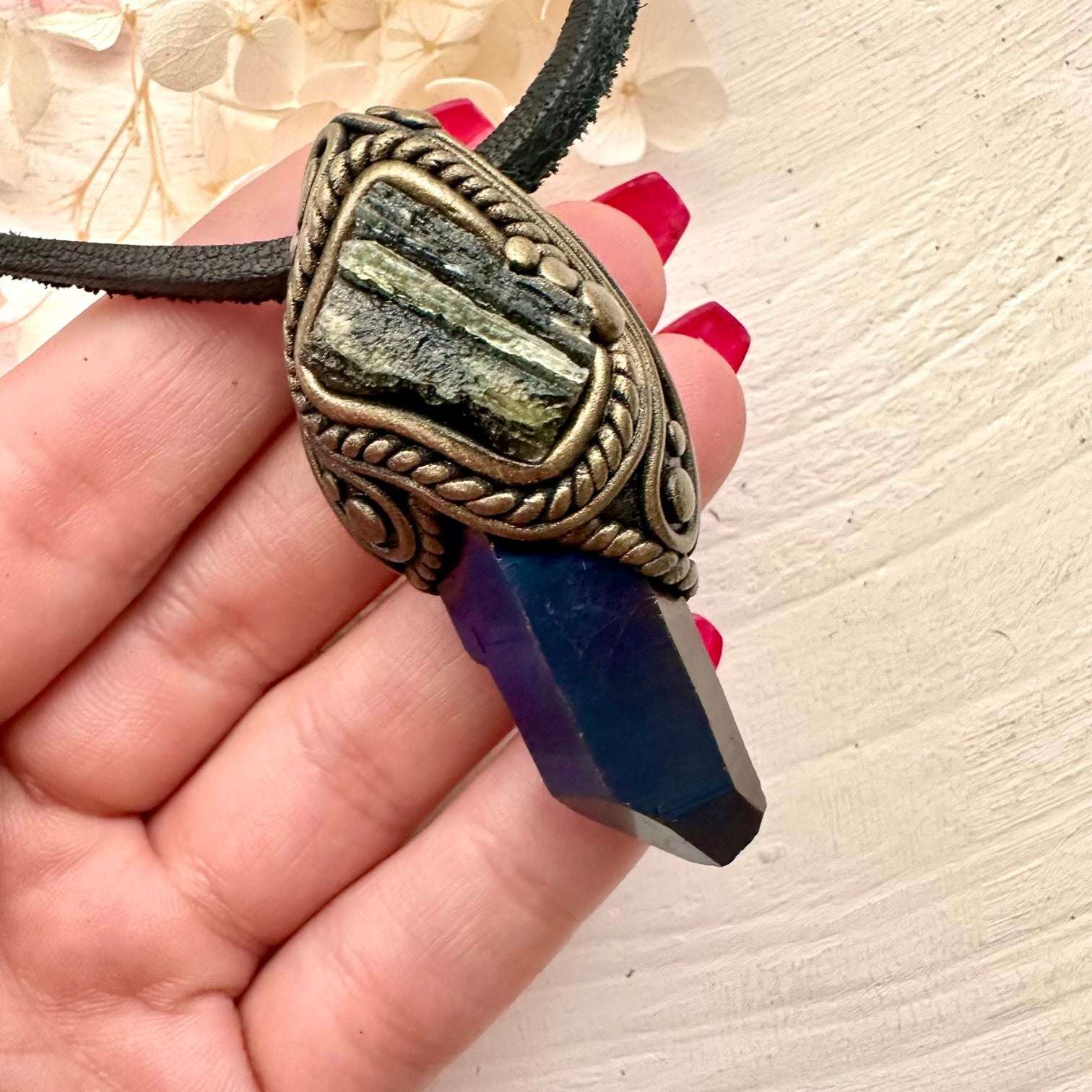 Cobalt Aura Quartz and Moldavite Pendant Necklace - FairyGardenGlow