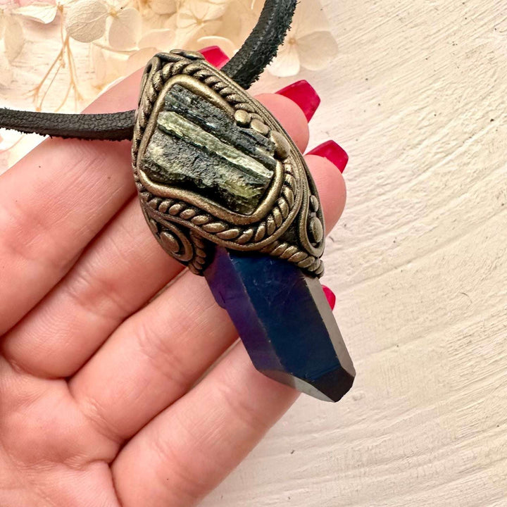 Cobalt Aura Quartz and Moldavite Pendant Necklace - FairyGardenGlow