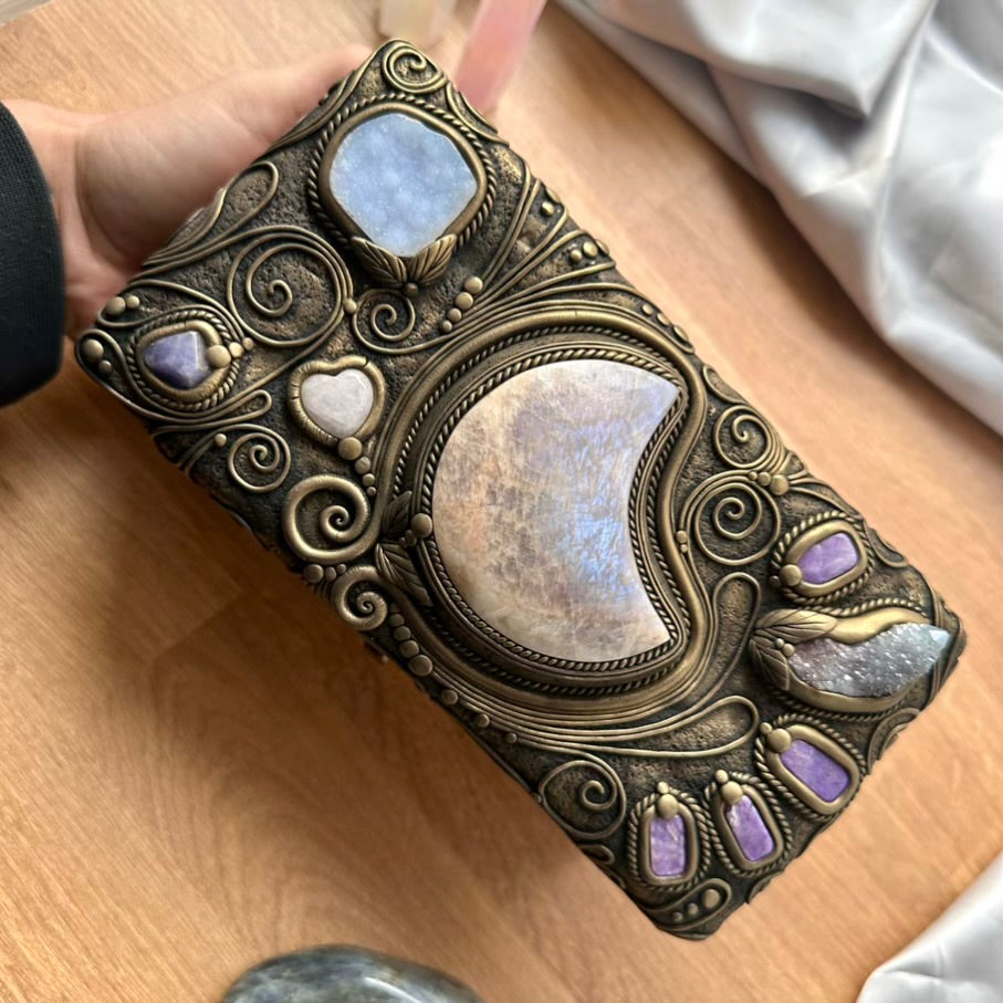 Handmade Wooden Box with Crystals – Moonstone Moon, Blue Chalcedony, Rose Quartz, Tanzanite, Charoite & Aqua Aura Spirit Quartz - FairyGardenGlow