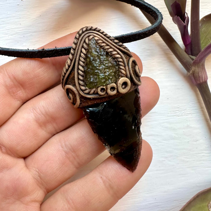 Black Obsidian Arrowhead and Moldavite Necklace - FairyGardenGlow