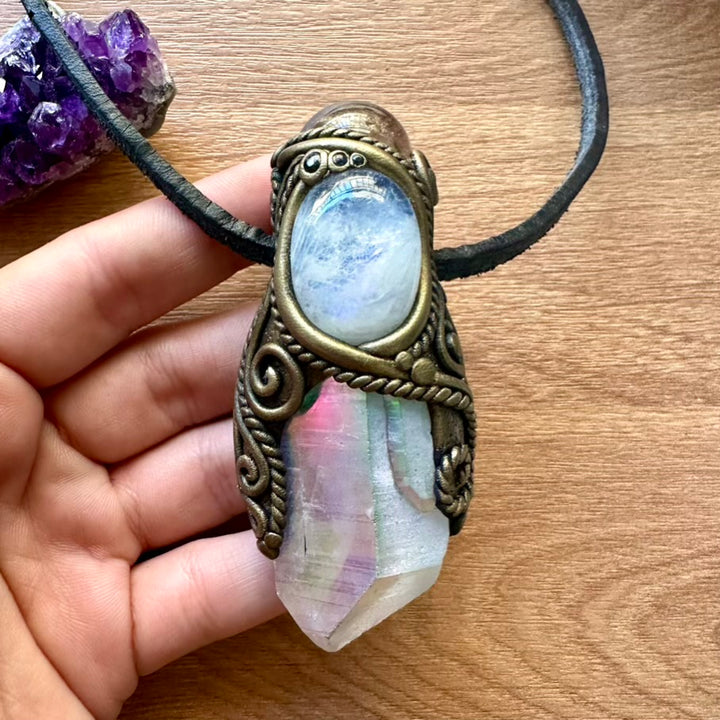 Angel Aura Quartz Smoky Quartz Sphere Moonstone and Blue Sapphire Healing Crystal Talisman - FairyGardenGlow