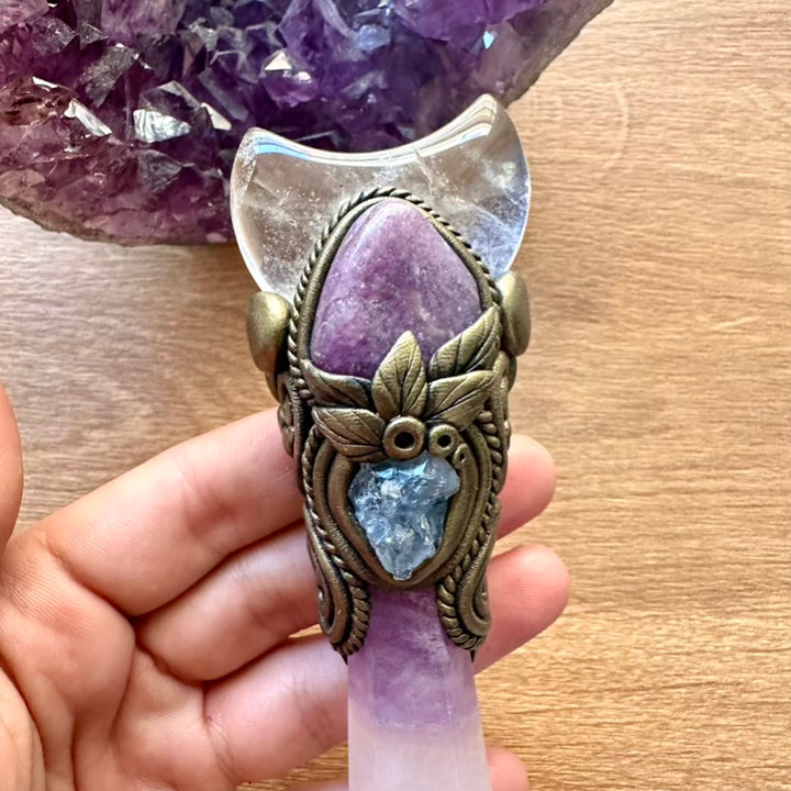 Lavender Fluorite Wand, Clear Quartz Moon, Lepidolite and Celestite Handmade Crystal Wand - FairyGardenGlow