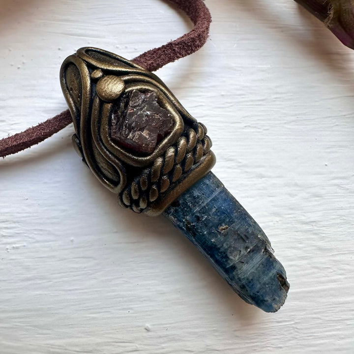Blue Kyanite and Red Garnet Pendant - FairyGardenGlow