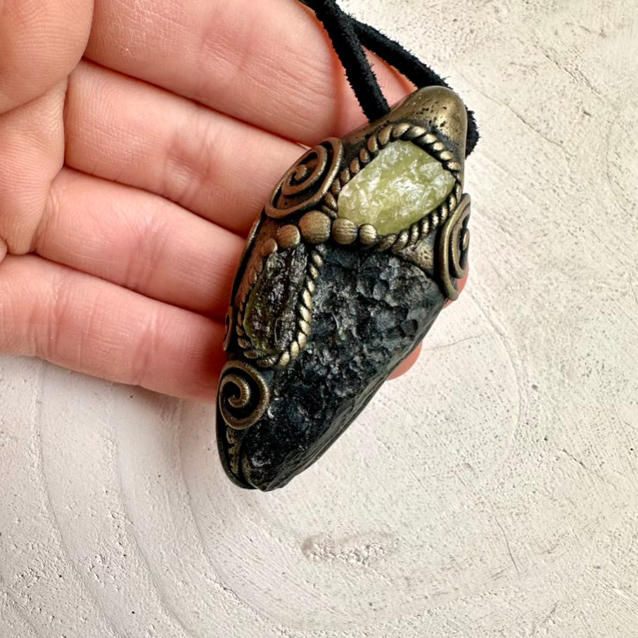 Black Tektite Moldavite and Brazilianite Pendant Necklace