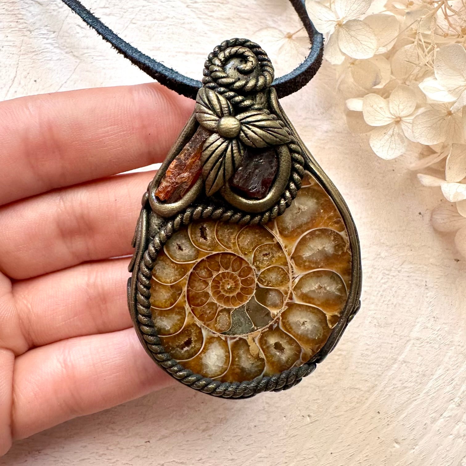 Ammonite Red Garnet and Orange Kyanite Pendant Necklace - FairyGardenGlow