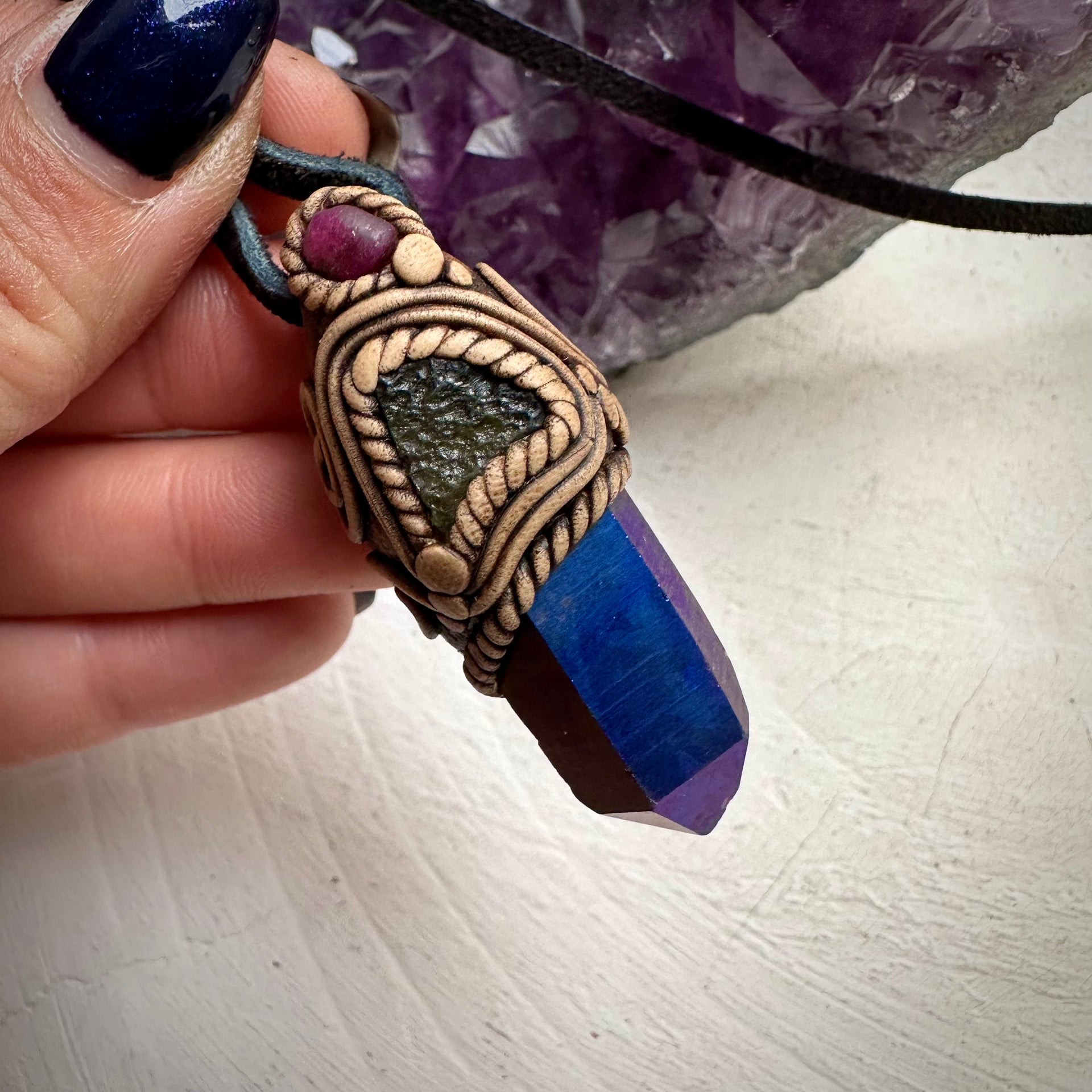 Cobalt Aura Quartz Moldavite and Ruby Pendant Necklace