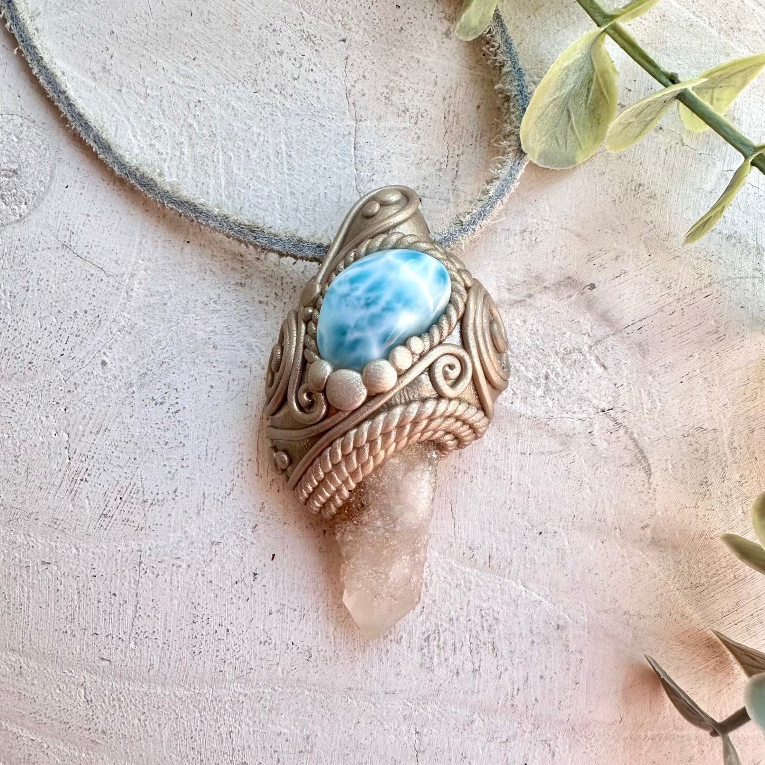Fairy Quartz and Larimar pendant handmade healing crystal gemstone necklace