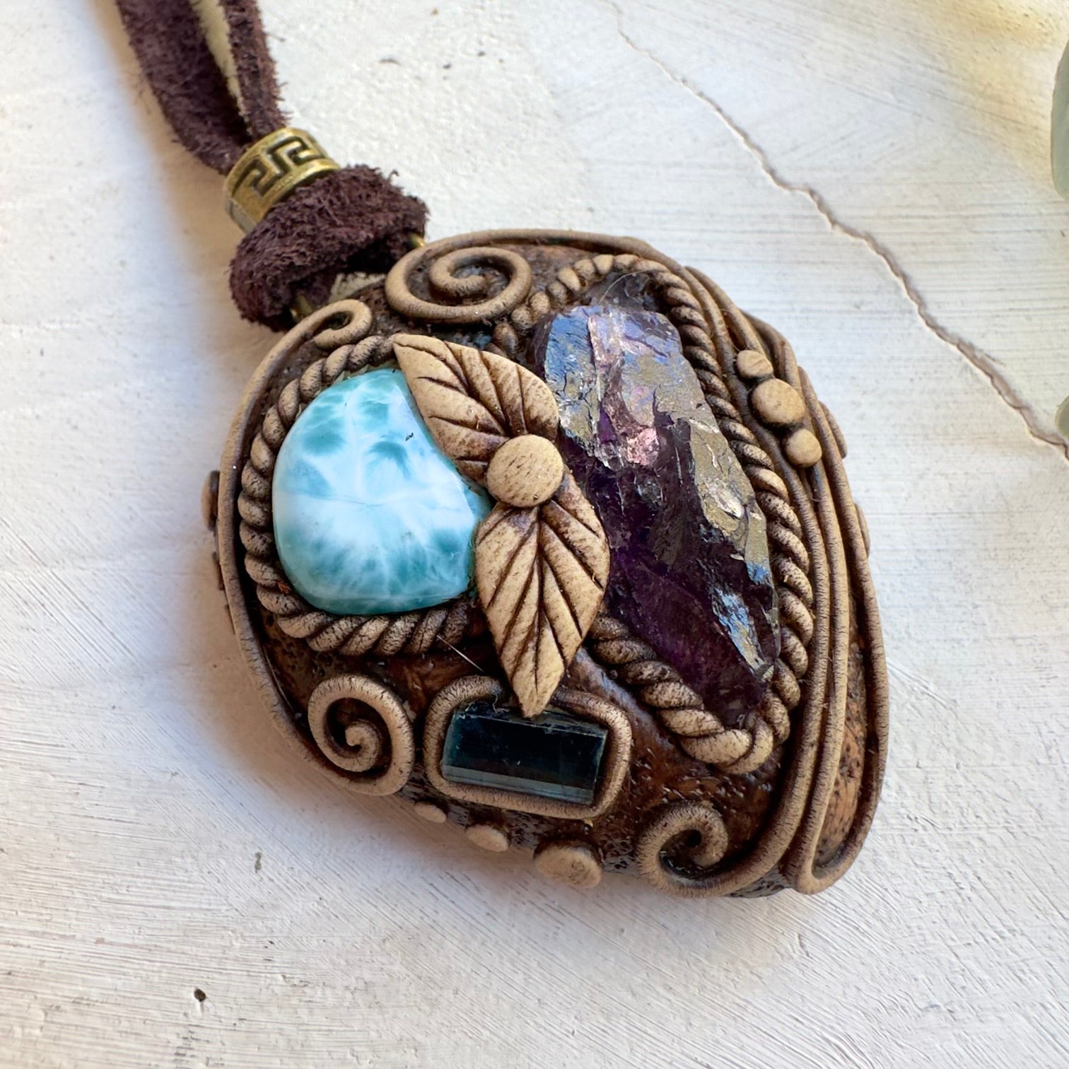 One of a kind crystal necklace with Larimar and Blue Tourmaline