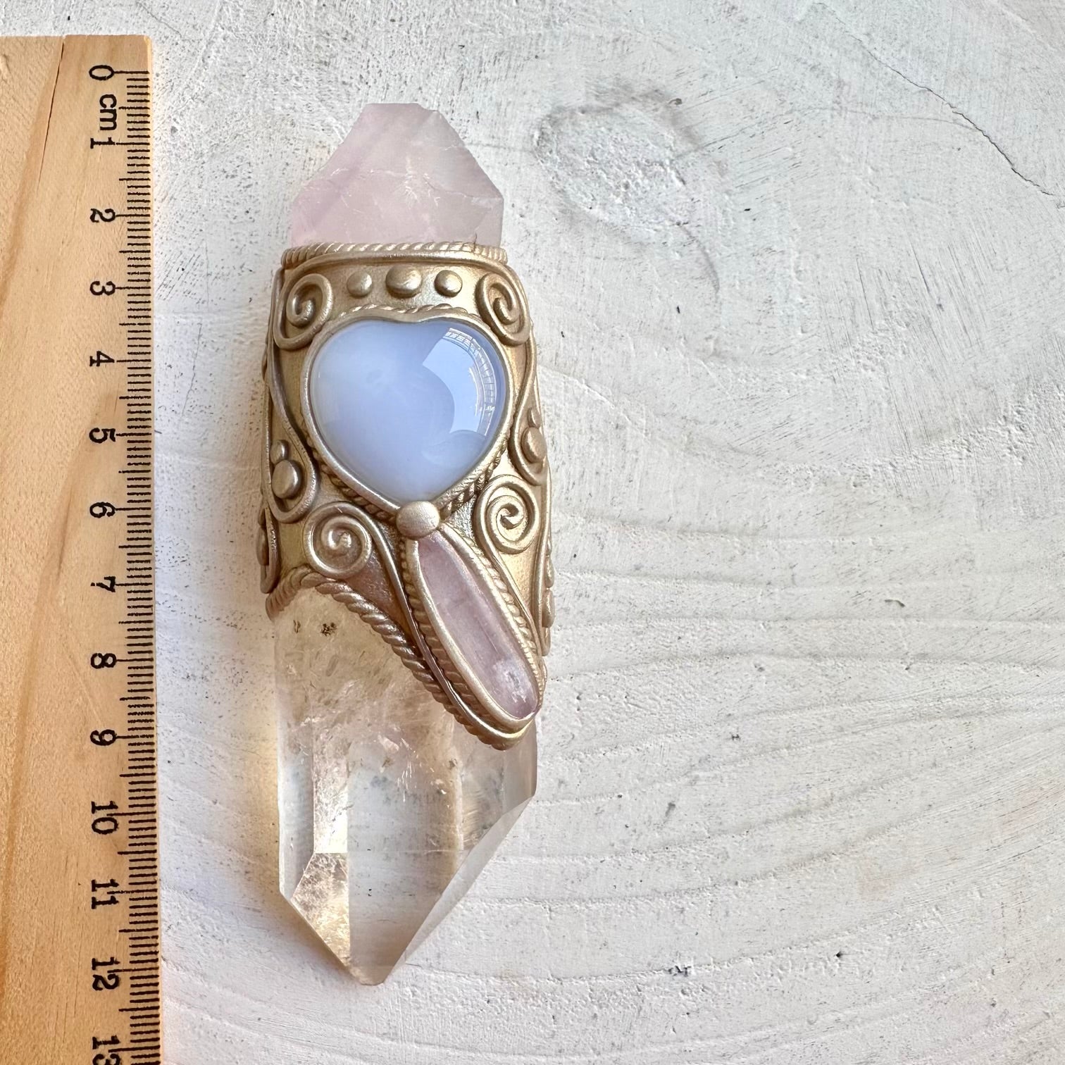 Clear Quartz with Raw Lavender Fluorite Blue Chalcedony and Kunzite handmade healing crystal wand