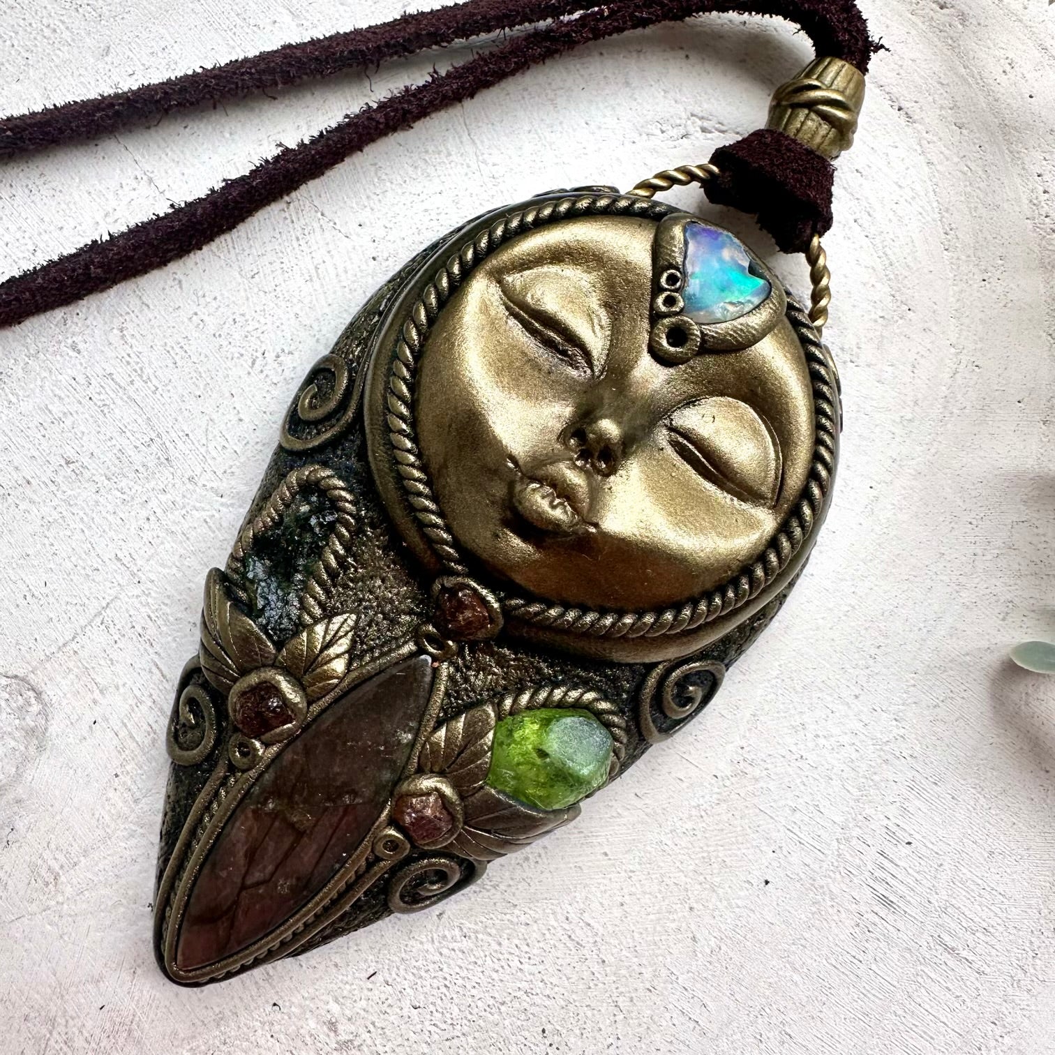 Goddess Amulet Necklace with Labradorite, Peridot, Moldavite, Raw Ethiopian Opal & Hessonite Garnet – Transformation Crystal Jewelry, Spiritual Protection Pendant