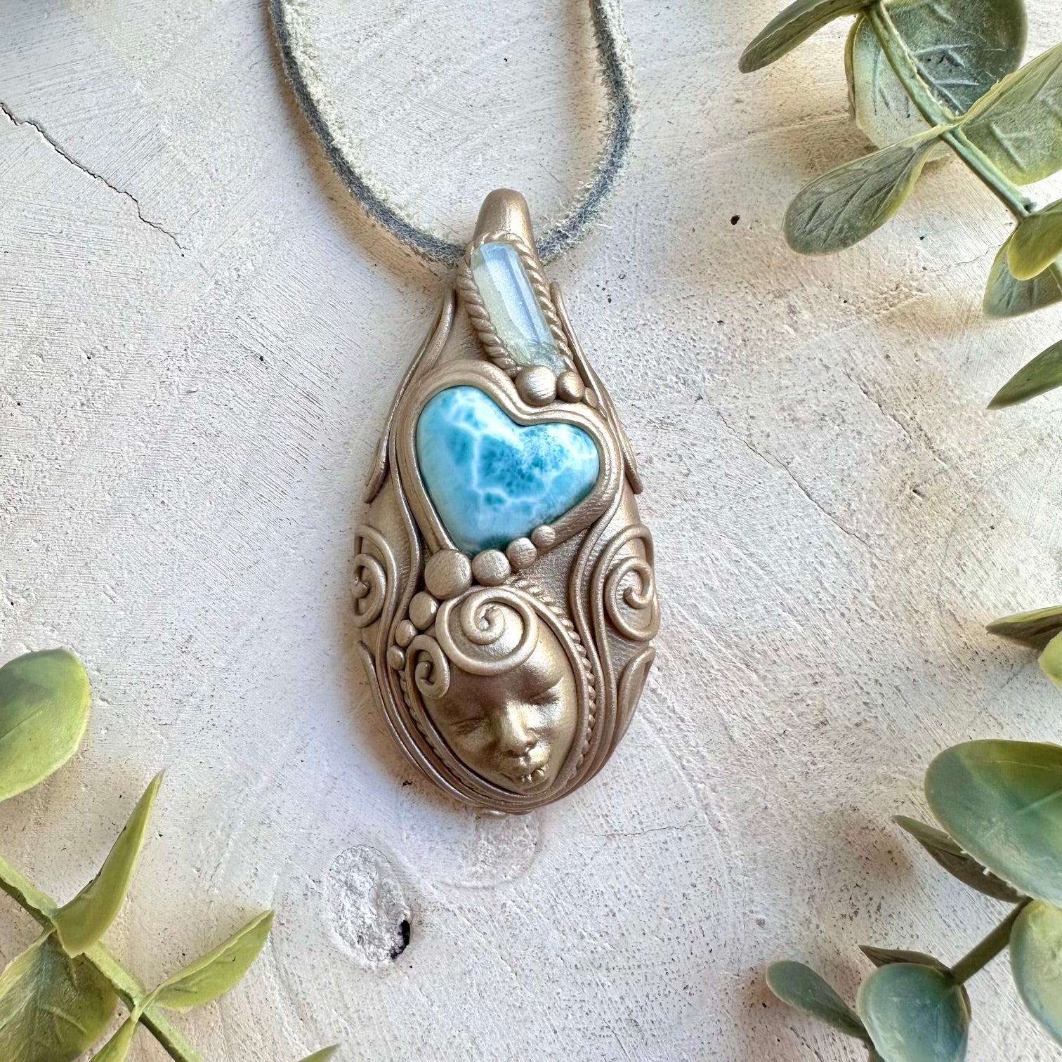 Goddess Crystal Necklace with Larimar Heart & Aquamarine – Boho Healing Crystal Necklace, Ocean Energy Protection Amulet, Crystal Talisman