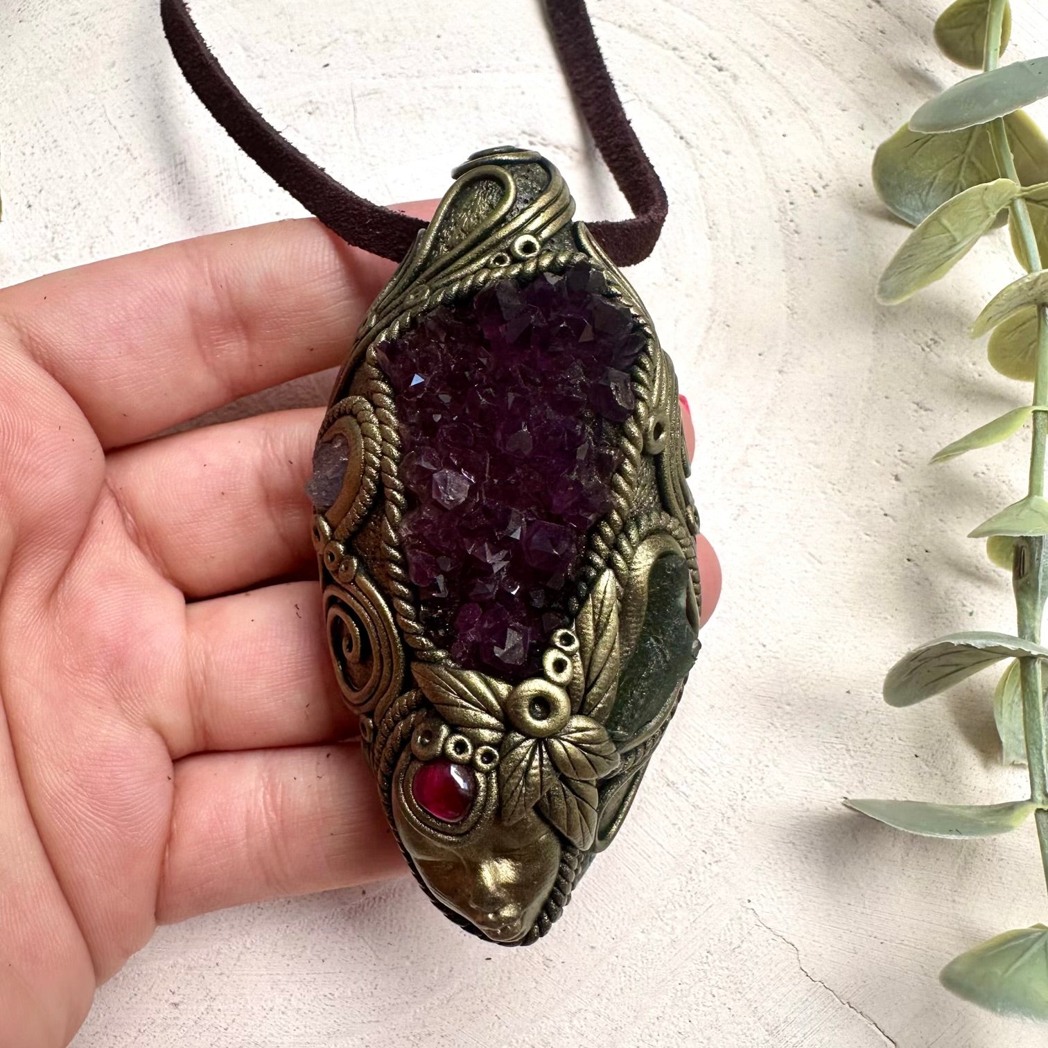 Goddess Necklace with Amethyst Cluster, Moldavite, Tanzanite & Rhodolite Garnet – Divine Feminine Crystal Jewelry, Spiritual Transformation Pendant