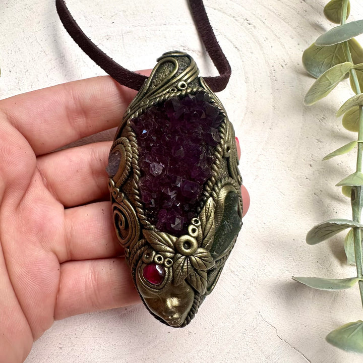 Goddess Necklace with Amethyst Cluster, Moldavite, Tanzanite & Rhodolite Garnet – Divine Feminine Crystal Jewelry, Spiritual Transformation Pendant