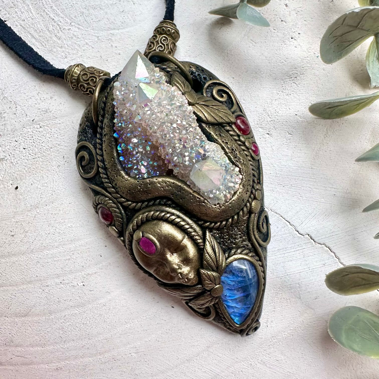 Goddess Necklace with Angel Aura Spirit Quartz, Rainbow Moonstone, Rhodolite Garnet & Ruby – Divine Feminine Crystal Jewelry