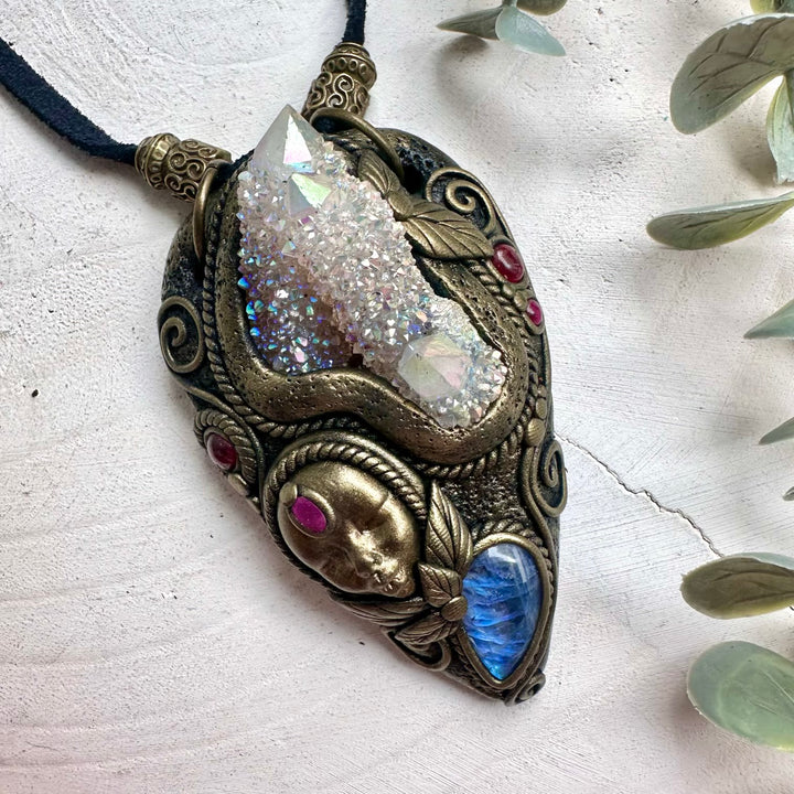 Goddess Necklace with Angel Aura Spirit Quartz, Rainbow Moonstone, Rhodolite Garnet & Ruby – Divine Feminine Crystal Jewelry