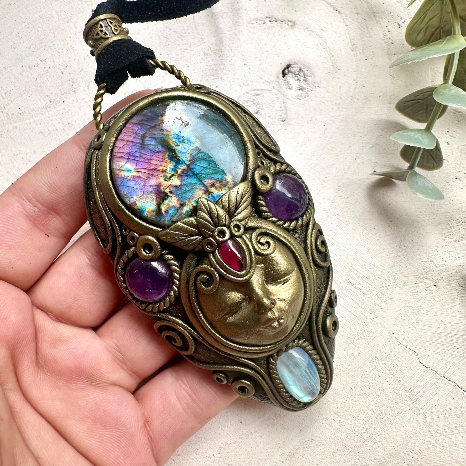 Goddess Necklace with Labradorite, Rainbow Moonstone, Amethyst & Rhodolite Garnet – Divine Feminine Crystal Jewelry, Healing Pendant