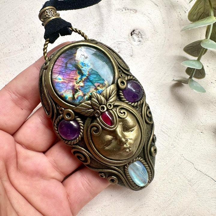 Goddess Necklace with Labradorite, Rainbow Moonstone, Amethyst & Rhodolite Garnet – Divine Feminine Crystal Jewelry, Healing Pendant