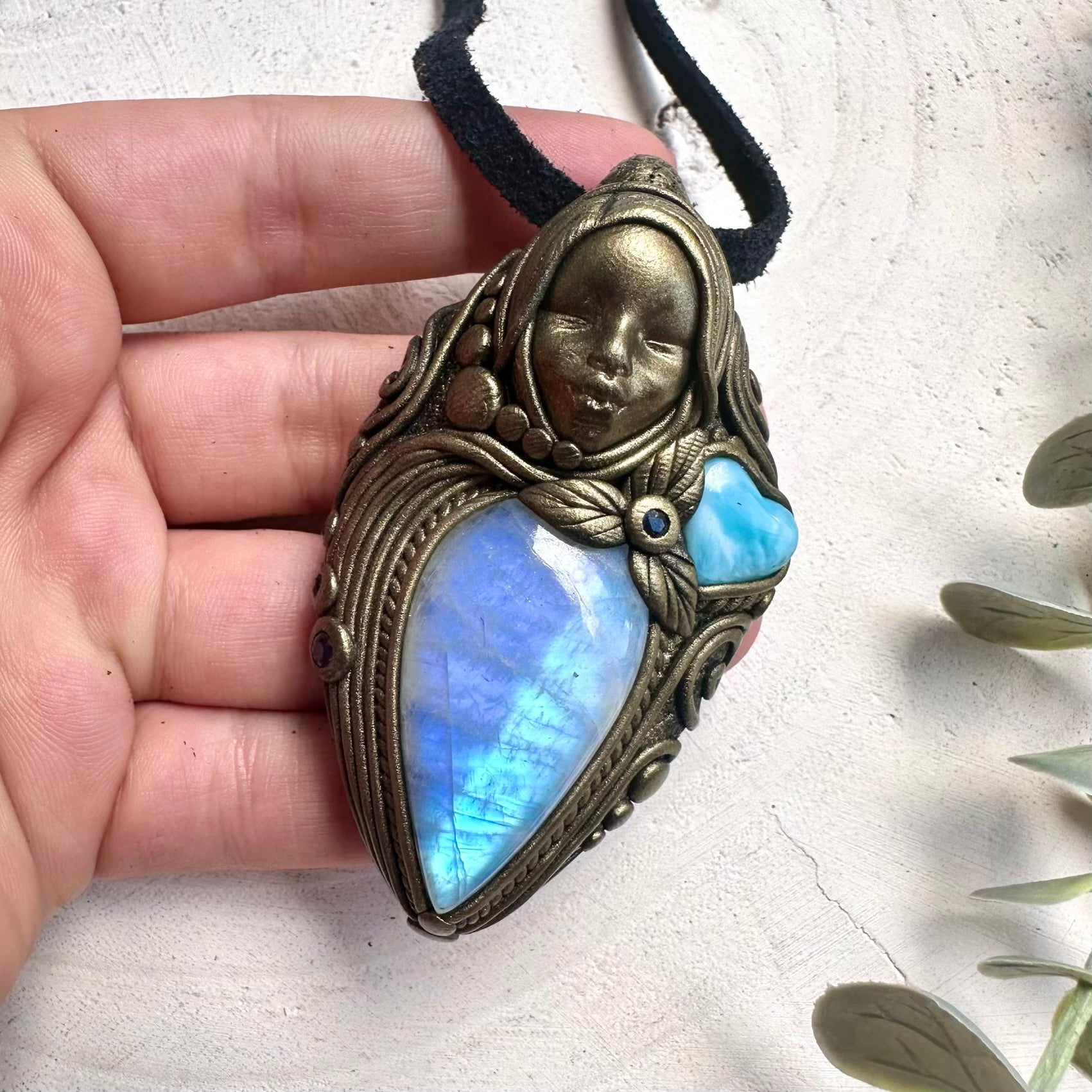Goddess Necklace with Rainbow Moonstone, Larimar Heart & Blue Sapphire – Healing Crystal Jewelry, Divine Feminine Pendant