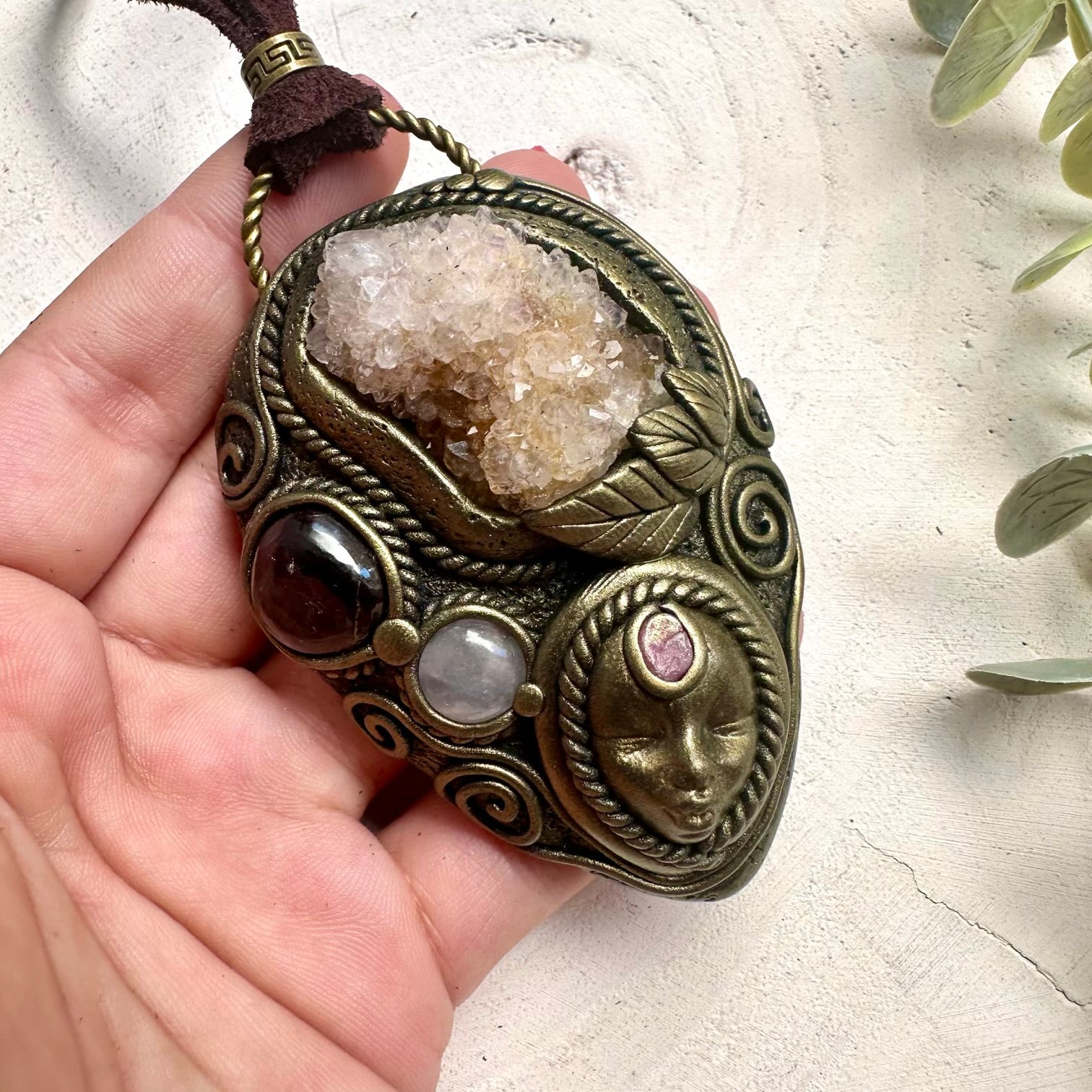 Goddess Necklace with Spirit Quartz, Rose Quartz, Garnet & Ruby – Divine Feminine Crystal Jewelry, Healing Heart Pendant