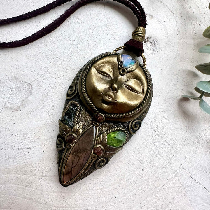 Divine feminine crystal amulet jewelry featuring Labradorite and Moldavite