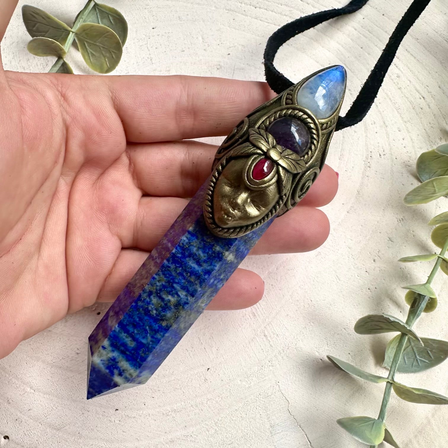 Goddess Wand Necklace with Lapis Lazuli, Rainbow Moonstone, Amethyst & Rhodolite Garnet – Spiritual Crystal Jewelry, Divine Feminine Pendant