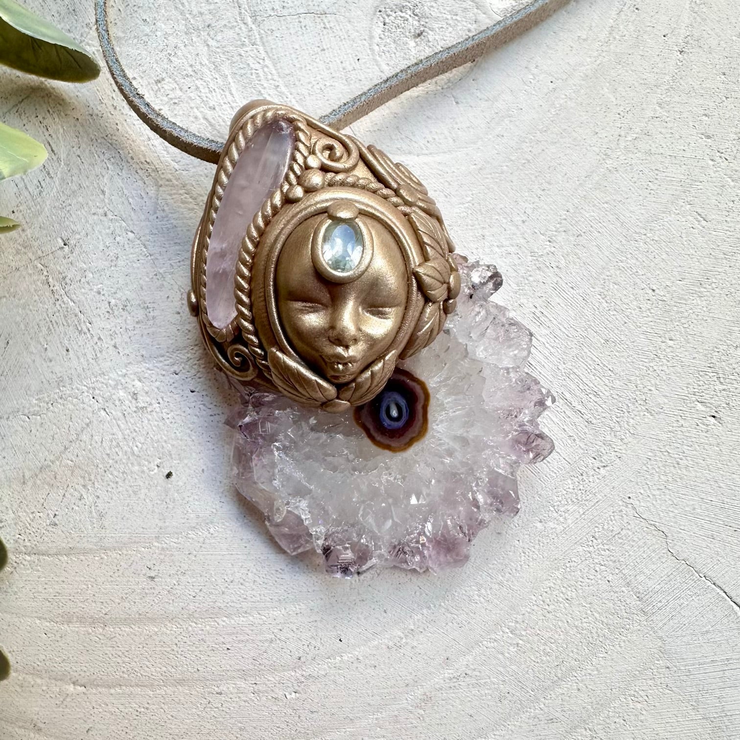 Goddess necklace with amethyst stalactite kunzite and blue topaz