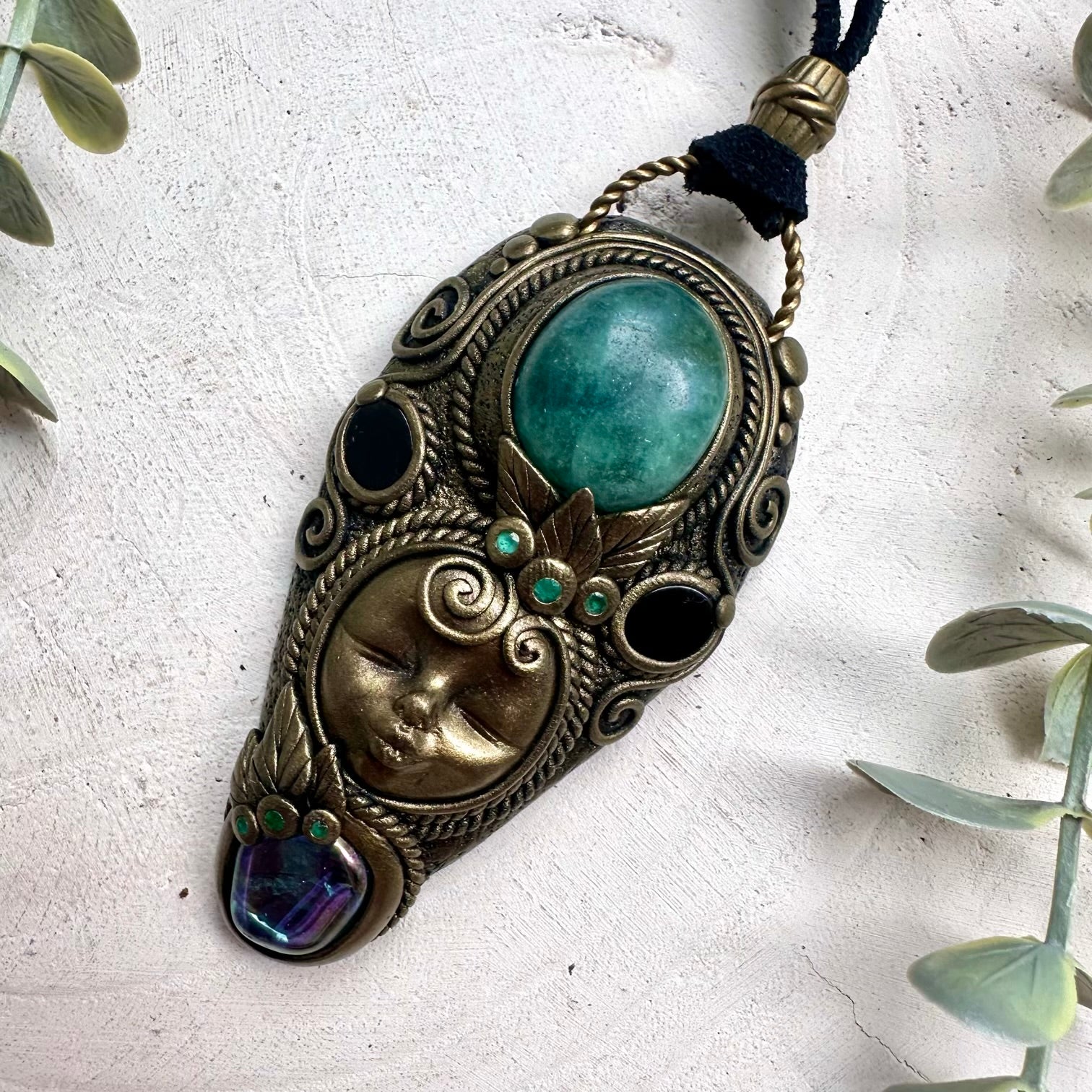 Green Fluorite Goddess Necklace with Aqua Aura Quartz, Onyx & Emerald – Spiritual Crystal Jewelry