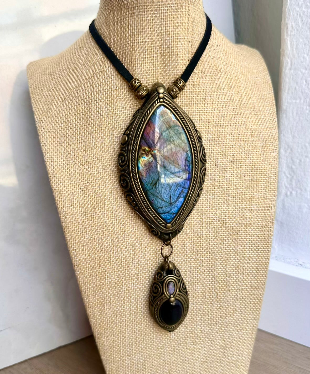 Artisan gemstone jewelry crafted with genuine natural crystals including a gorgeous large labradorite with amethyst and boulder opal.