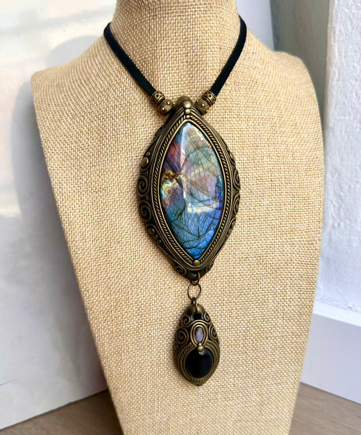 Artisan gemstone jewelry crafted with genuine natural crystals including a gorgeous large labradorite with amethyst and boulder opal.