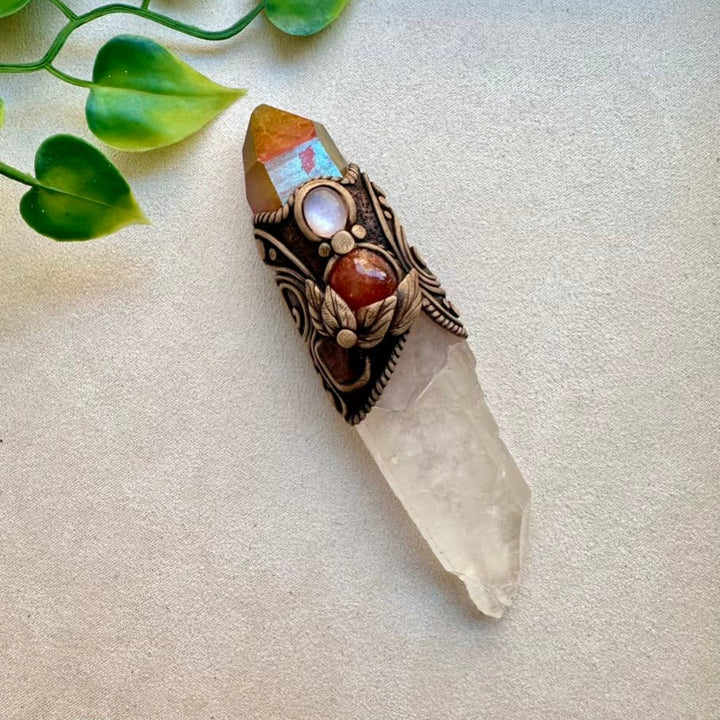 Raw Crystal Wand, Clear Quartz with Sunset Aura Quartz, Moonstone, Sunstone and Red Garnet - FairyGardenGlow
