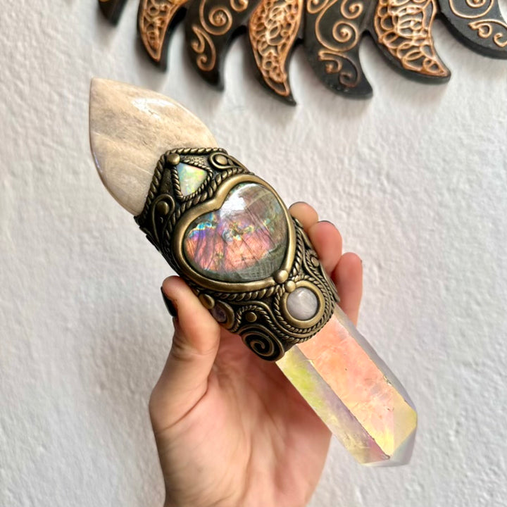 Handcrafted healing wand with Angel Aura Quartz and Australian Opal