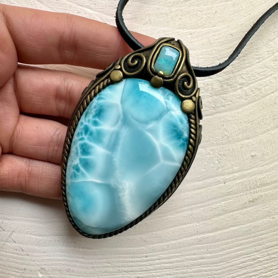 Large Larimar and Australian Opal Crystal Necklace, Unique Gemstone Jewelry FairyGardenGlow