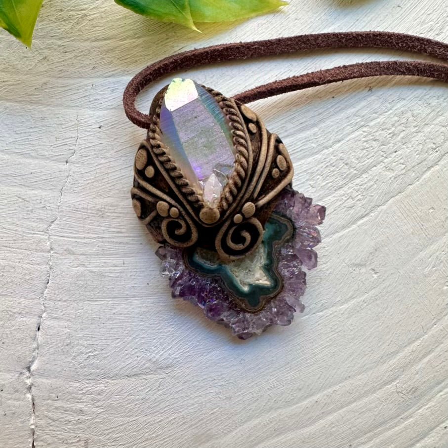 Amethyst Stalactite and Angel Aura Quartz Necklace, Spiritual Stone Jewelry - FairyGardenGlow