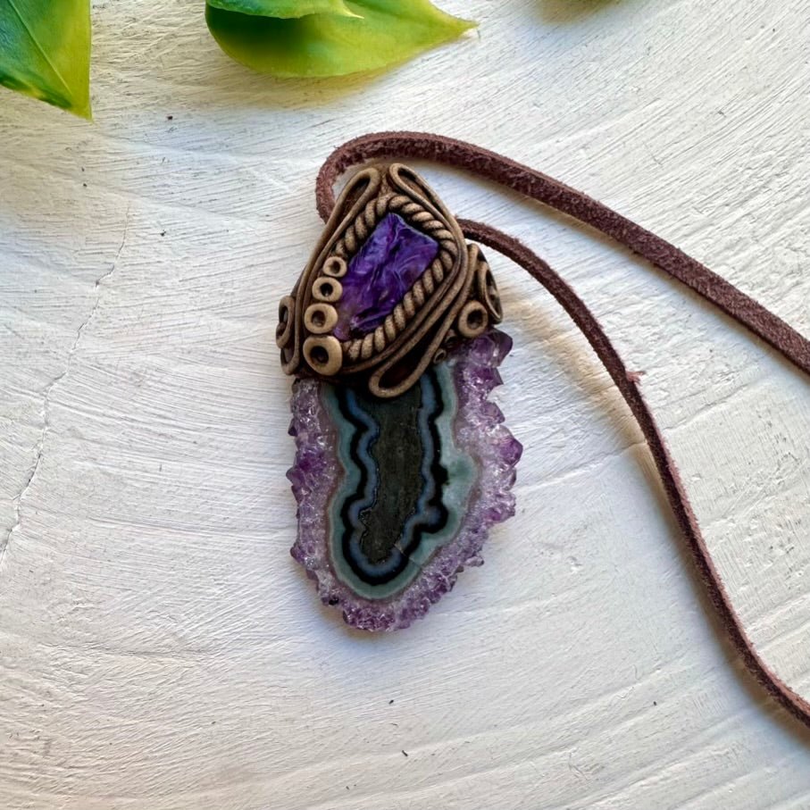 Amethyst Stalactite and Charoite Necklace, Healing Crystal Jewelry - FairyGardenGlow