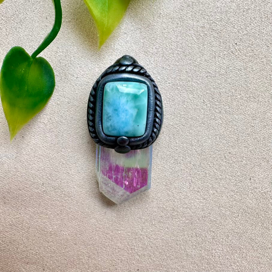 Handcrafted necklace with Angel Aura Kunzite and Larimar stone