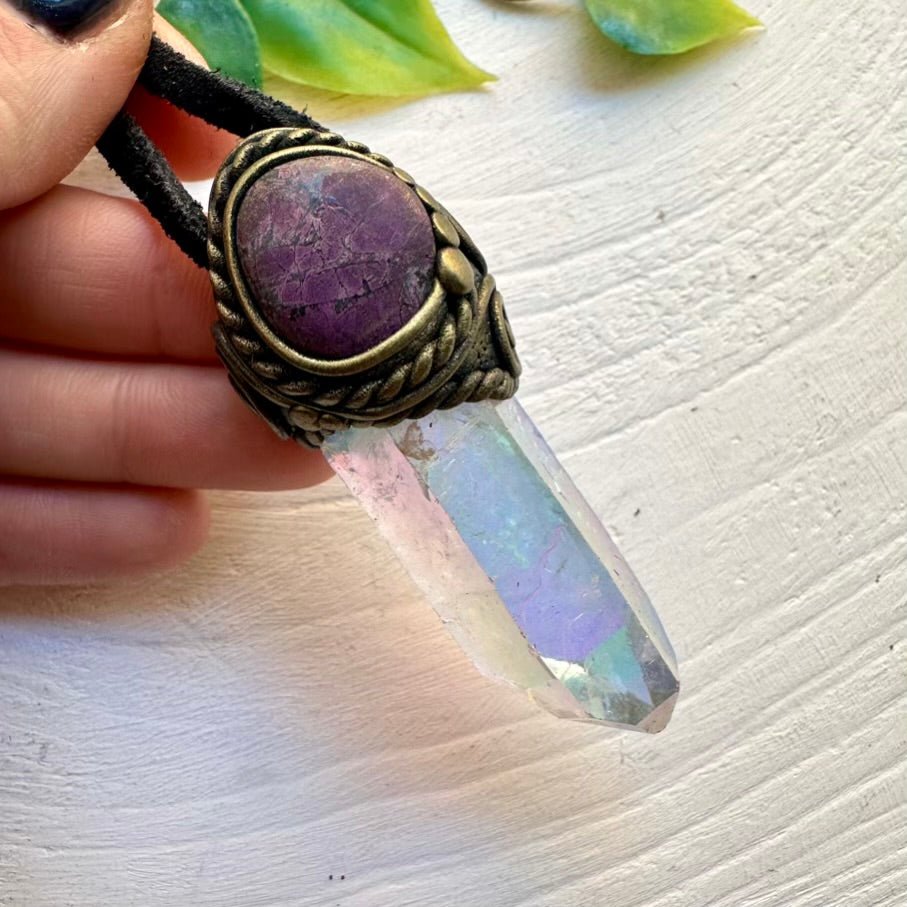 Angel Aura Quartz and Purpurite Necklace, Handmade Crystal Jewelry - FairyGardenGlow