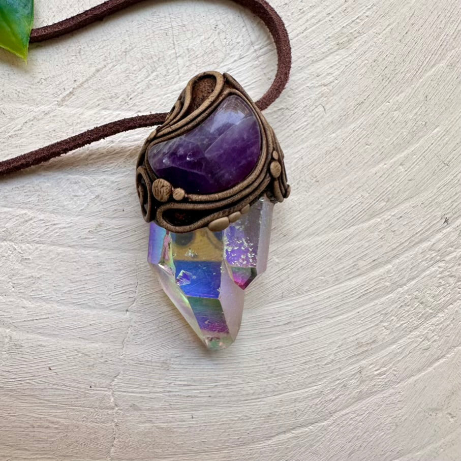 Angel Aura Quartz and Amethyst Moon Necklace, Handmade Crystal Jewelry FairyGardenGlow