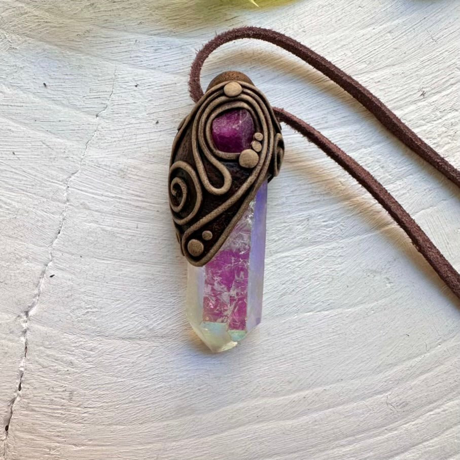Angel Aura Quartz and Raw Ruby Pendant Necklace, Handmade Crystal Jewelry - FairyGardenGlow