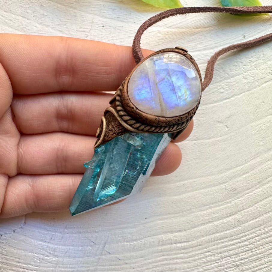 Aqua Aura Quartz and Rainbow Moonstone Pendant Necklace, Handmade Crystal Pendant - FairyGardenGlow