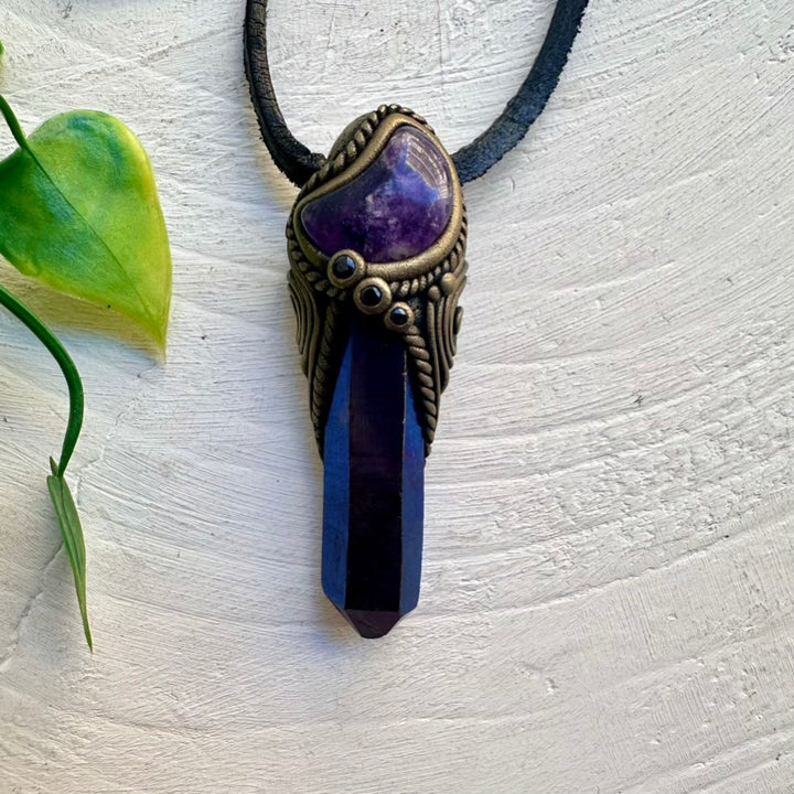 Handcrafted necklace with Cobalt Aura Quartz, Amethyst crescent moon and Blue Sapphire